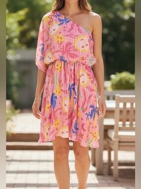 Meet Me in Santorini One Shoulder Tropical Dress Pink Metallic Size M